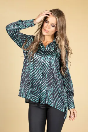 Animal Print Silk Blend Blouse in Jade Green