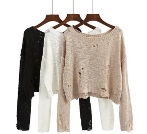 Black White Beige Knit Ripped Holes Crop Sweaters