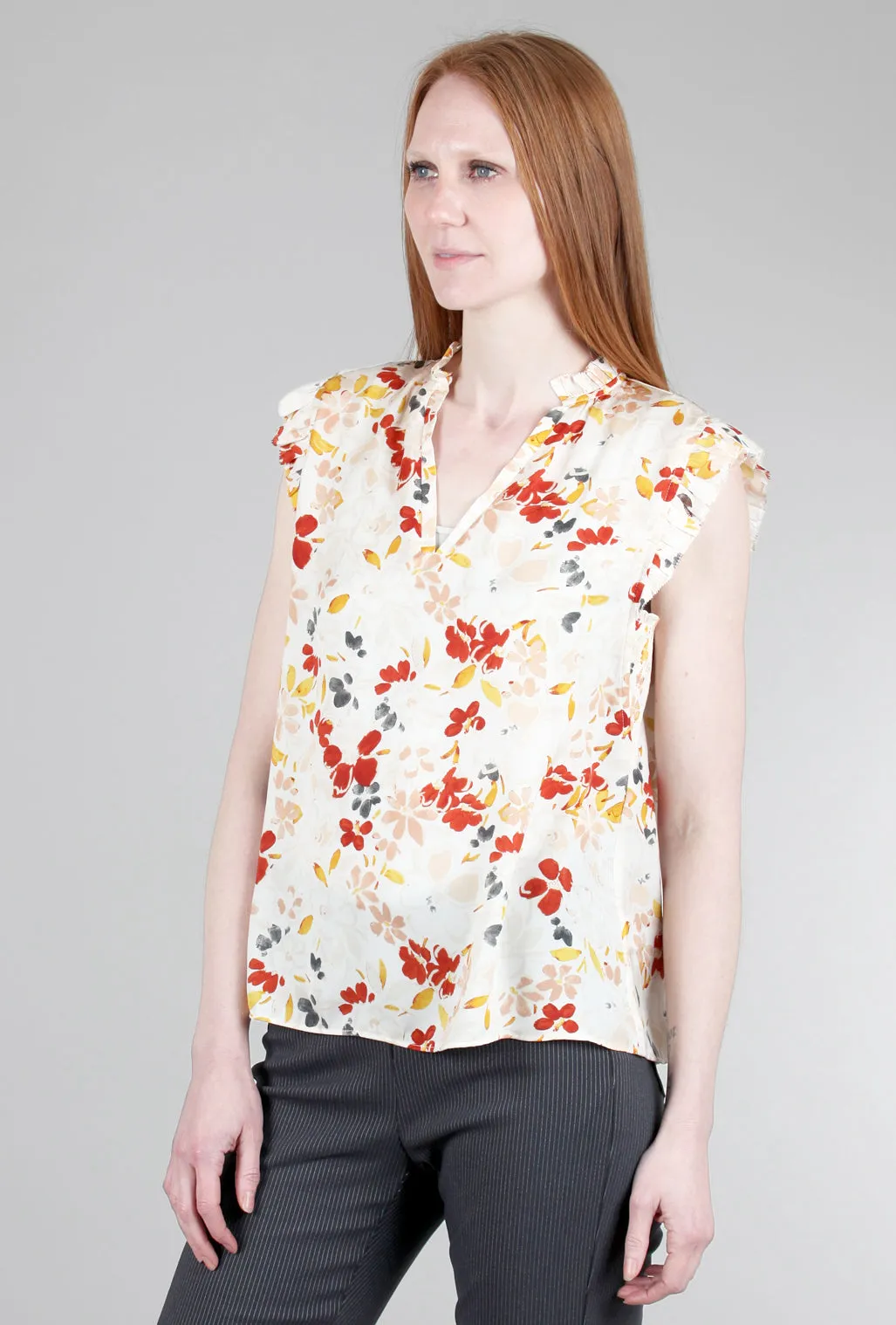 Floral Ruffle-Sleeve Blouse, Cream