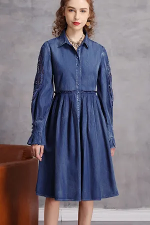 Hollow Out Sleeve Button Down Denim A-line Dress