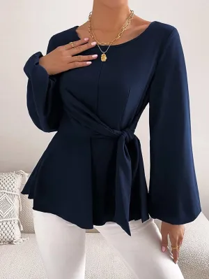 SHEIN Priv̩ Lantern Sleeve Tie Front Peplum Blouse