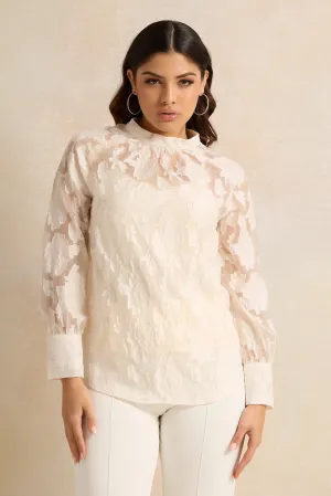 Women Cream Floral Jacquard Closed Neck Blouse