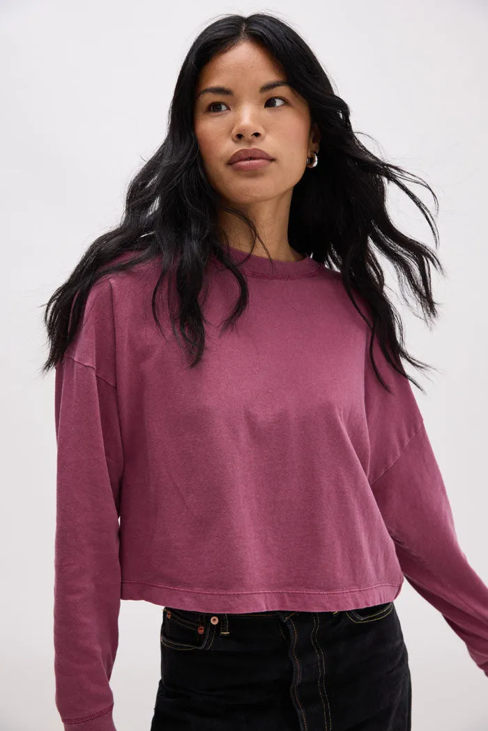 Women's Relaxed Crop Long Sleeve Tee - Burgundy