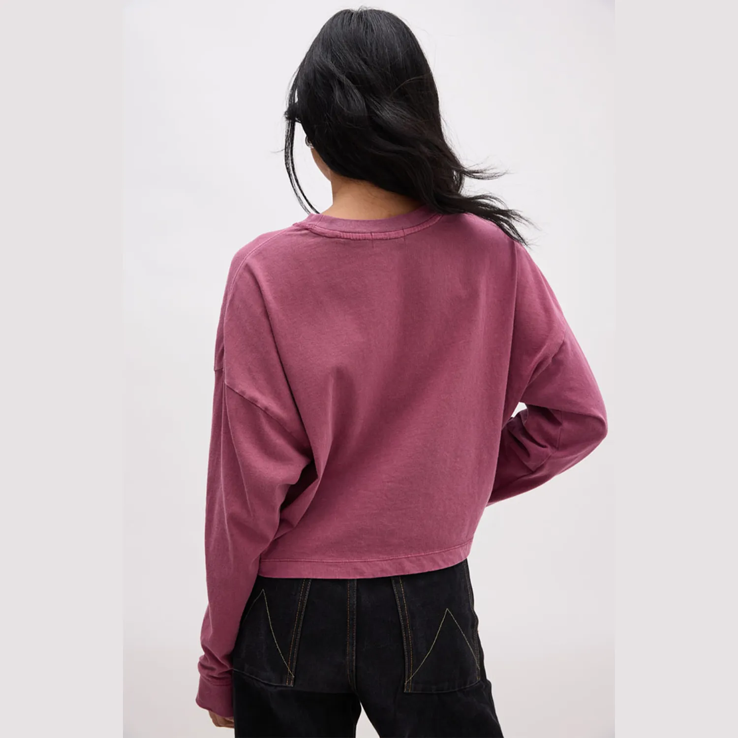 Women's Relaxed Crop Long Sleeve Tee - Burgundy